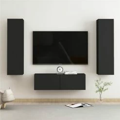 3 Piece TV Cabinet Set Black Chipboard