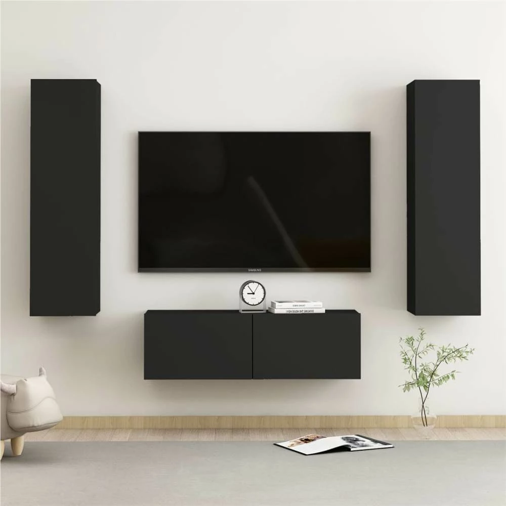 3 Piece TV Cabinet Set Black Chipboard 1 3 Piece TV Cabinet Set Black Chipboard