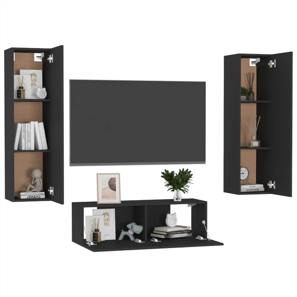 3 Piece TV Cabinet Set Black Chipboard 3 Piece TV Cabinet Set Black Chipboard -NEWTRAL Sales Shop 3 Piece TV Cabinet Set Black Chipboard 473736 2