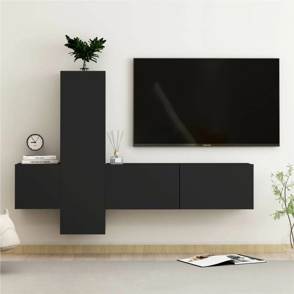 3 Piece TV Cabinet Set Black Chipboard 1 3 Piece TV Cabinet Set Black Chipboard