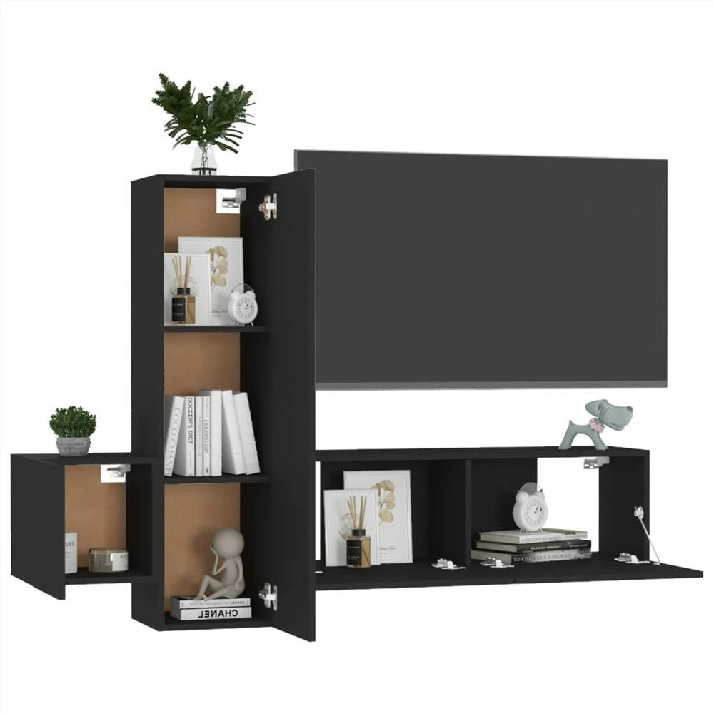 3 Piece TV Cabinet Set Black Chipboard 3 3 Piece TV Cabinet Set Black Chipboard - Image 3