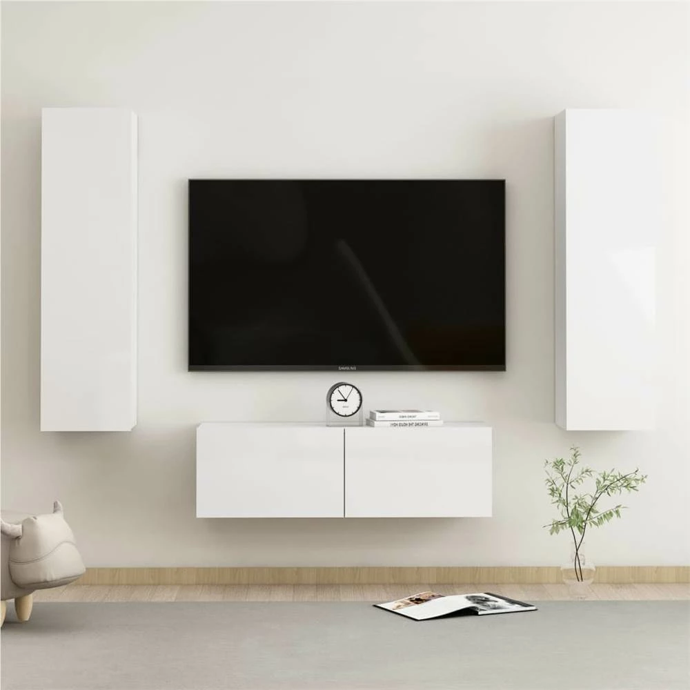 3 Piece TV Cabinet Set High Gloss White Chipboard 1 3 Piece TV Cabinet Set High Gloss White Chipboard