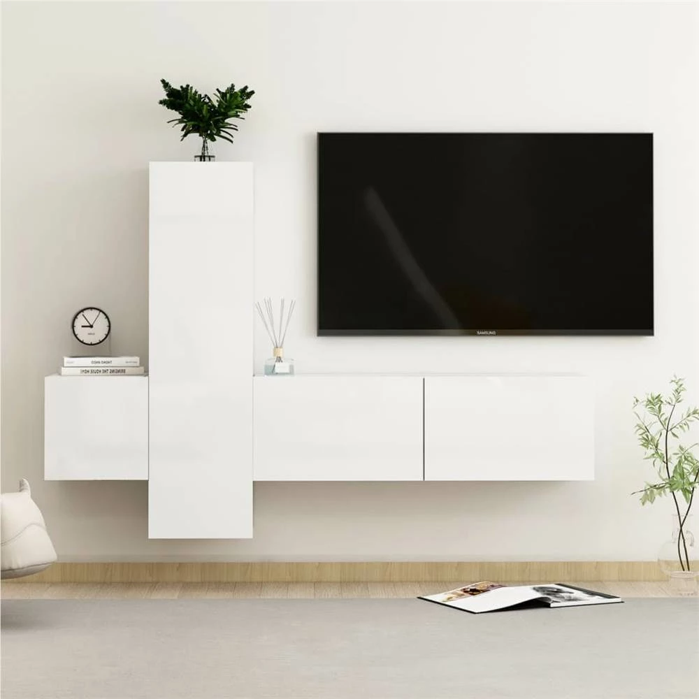 3 Piece TV Cabinet Set High Gloss White Chipboard 1 3 Piece TV Cabinet Set High Gloss White Chipboard