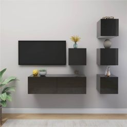 3079562 5 Piece TV Cabinet Set High Gloss Grey Chipboard (804507+801489)