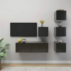 3079562 5 Piece TV Cabinet Set High Gloss Grey Chipboard (804507+801489)