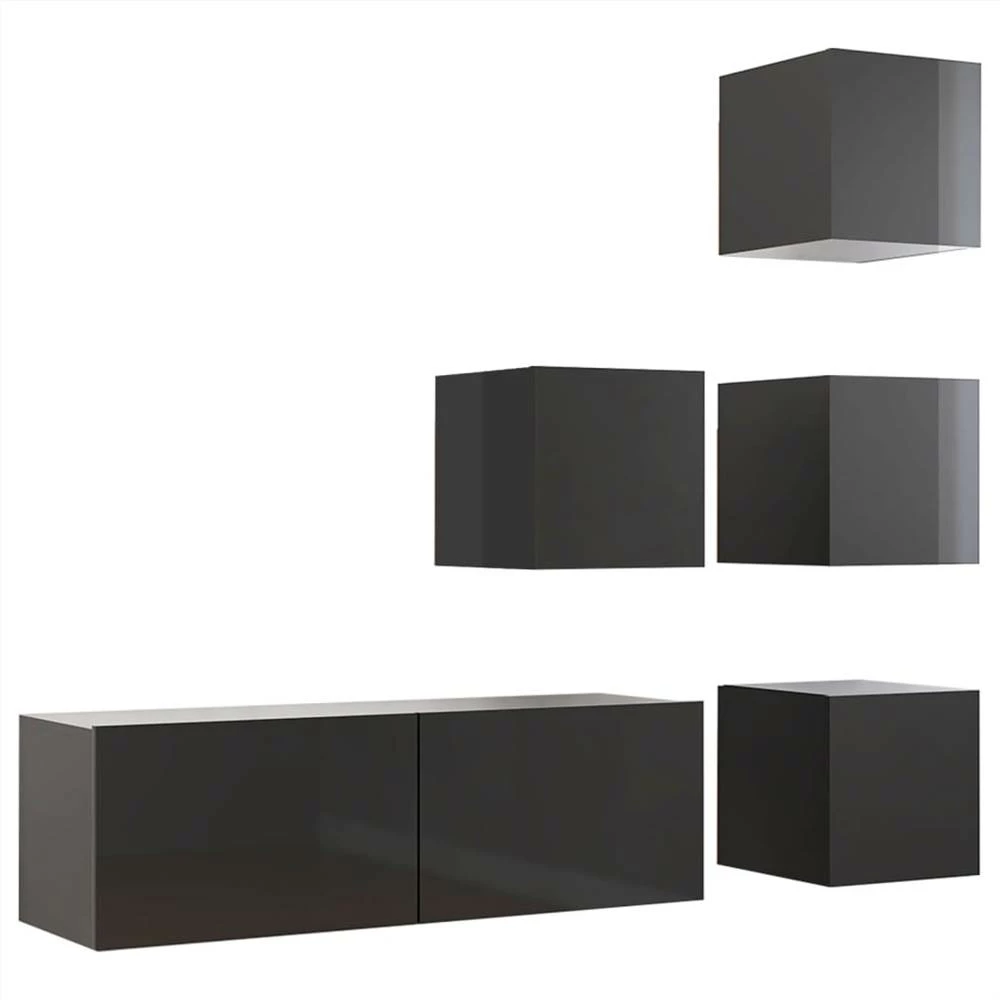 3079562 5 Piece TV Cabinet Set High Gloss Grey Chipboard (804507+801489) 2 3079562 5 Piece TV Cabinet Set High Gloss Grey Chipboard (804507+801489) - Image 2