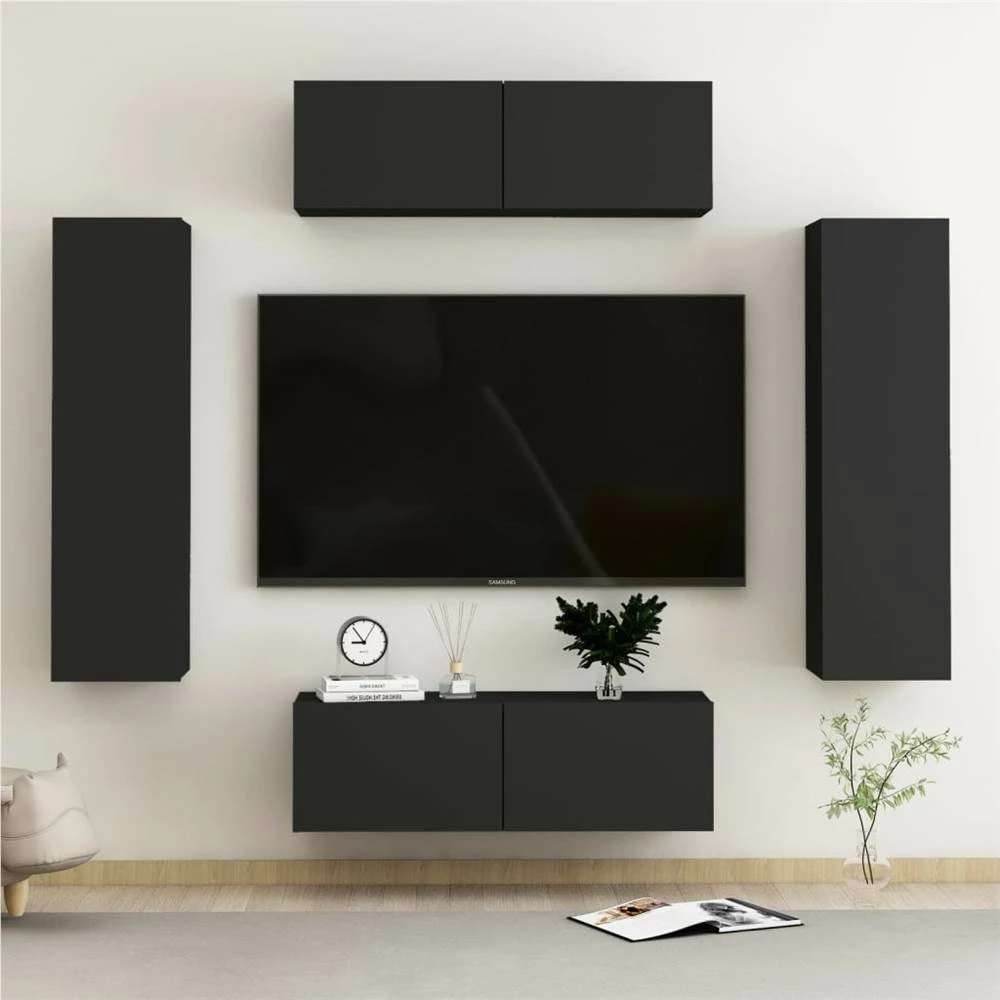 4 Piece TV Cabinet Set Black Chipboard 1 4 Piece TV Cabinet Set Black Chipboard