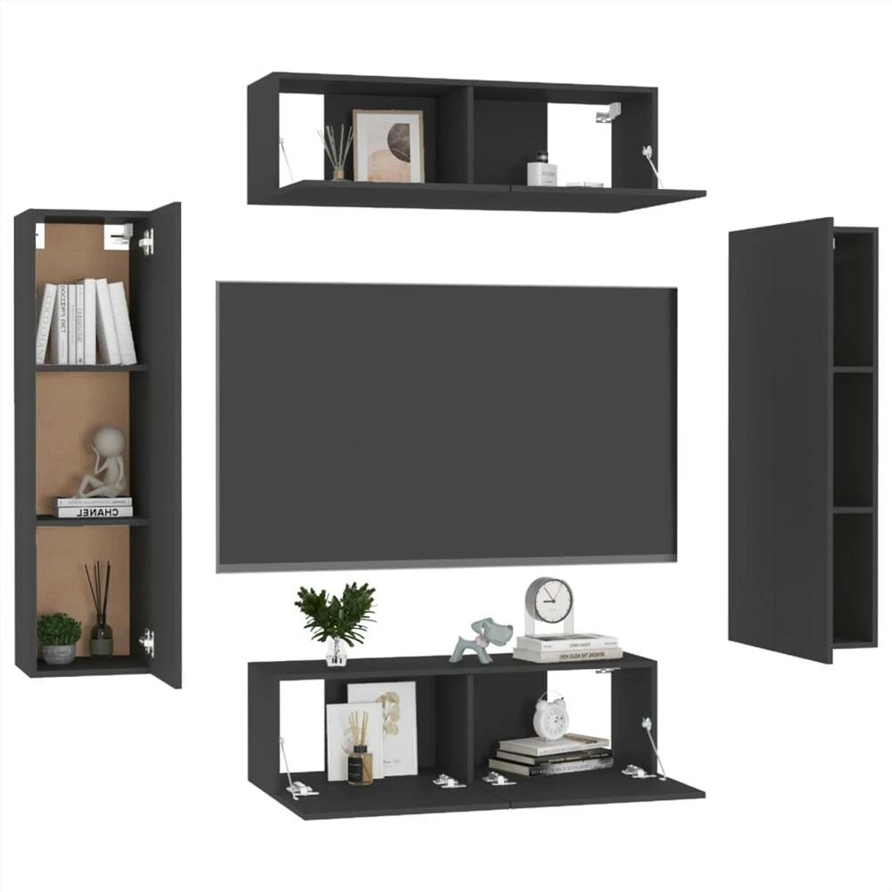 4 Piece TV Cabinet Set Black Chipboard 3 4 Piece TV Cabinet Set Black Chipboard - Image 3