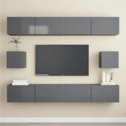 6 Piece TV Cabinet Set High Gloss Grey Chipboard