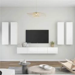 6 Piece TV Cabinet Set High Gloss White Chipboard