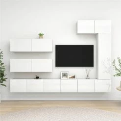 7 Piece TV Cabinet Set High Gloss White Chipboard