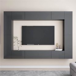8 Piece TV Cabinet Set High Gloss Grey Chipboard