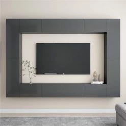 8 Piece TV Cabinet Set High Gloss Grey Chipboard
