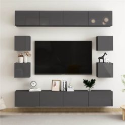 8 Piece TV Cabinet Set High Gloss Grey Chipboard
