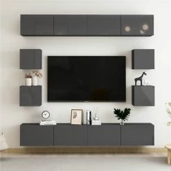8 Piece TV Cabinet Set High Gloss Grey Chipboard