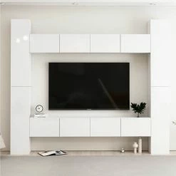 8 Piece TV Cabinet Set High Gloss White Chipboard