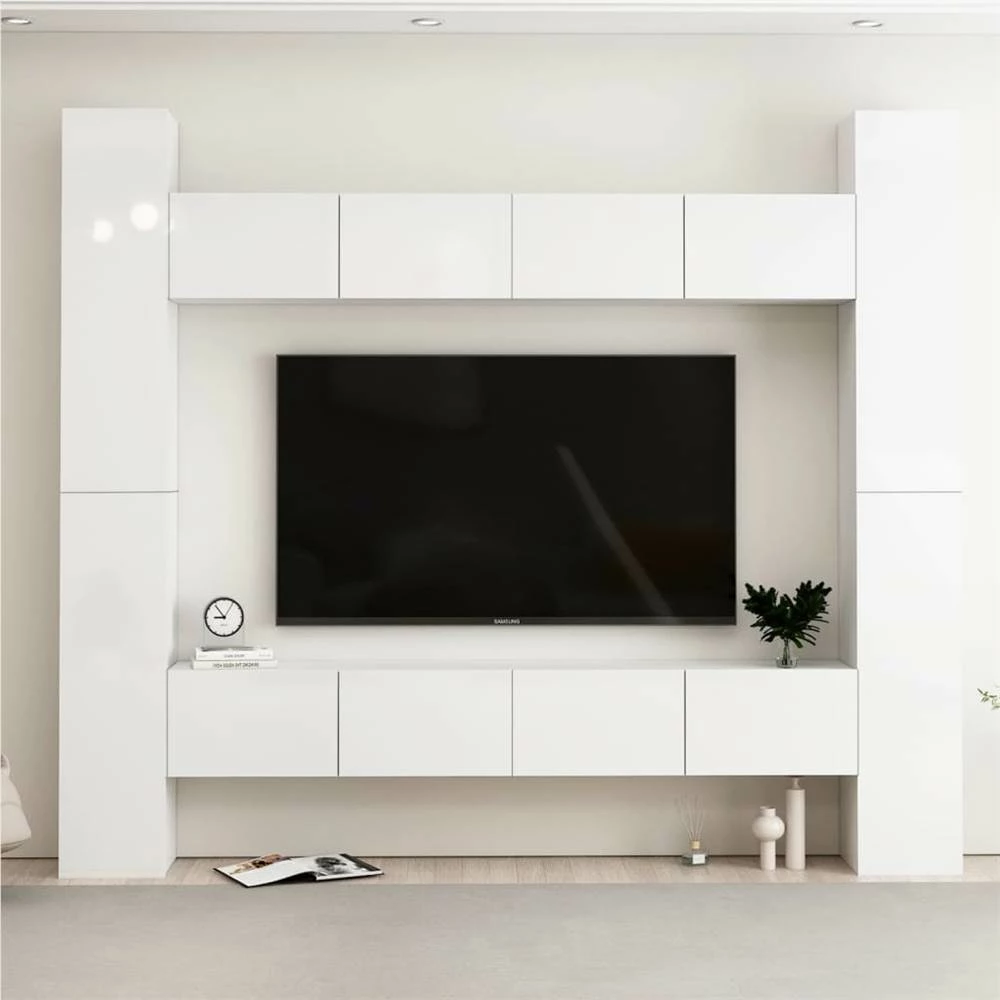 8 Piece TV Cabinet Set High Gloss White Chipboard 1 8 Piece TV Cabinet Set High Gloss White Chipboard