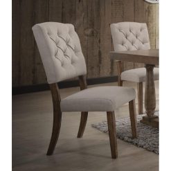 ACME Bernard Linen Upholstered Dining Chair Set Of 2, With Button Tufted Backrest, And Wood Legs, For Restaurant, Cafe, Tavern, Office, Living Room - Cream