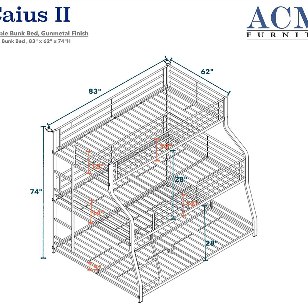ACME Caius Twin-Over-Full-Over-Queen Size Triple Bed Frame with Ladder, and Metal Slats Support, No Spring Box Required (Frame Only) - Gunmetal ACME Caius Twin-Over-Full-Over-Queen Size Triple Bed Frame With Ladder, And Metal Slats Support, No Spring Box Required (Frame Only) - Gunmetal -NEWTRAL Sales Shop ACME Caius II Bunk Bed Triple Twin Full Queen in Gunmetal 37450 460955 3