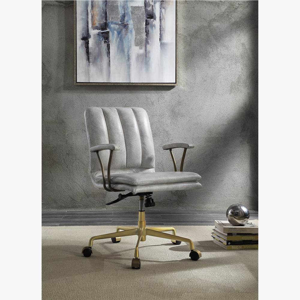 ACME Damir Leather Upholstered Office Chair with High Backrest, and Metal Frame, for Restaurant, Cafe, Tavern, Office, Living Room - White ACME Damir Leather Upholstered Office Chair With High Backrest, And Metal Frame, For Restaurant, Cafe, Tavern, Office, Living Room - White -NEWTRAL Sales Shop ACME Damir Office Chair Vintage White Top Grain Leather Gold 92422 471276 0