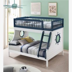 ACME Farah Twin-Over-Full Size Bunk Bed Frame With Ladder, And Wooden Slats Support, No Spring Box Required, For Kids, Teens (Frame Only) - Blue + White