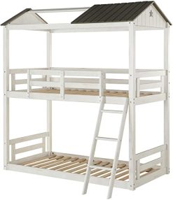 ACME Nadine House-Shaped Twin-Over-Twin Size Bunk Bed Frame With Ladder, And Wooden Slats Support, No Spring Box Required (Frame Only) - White