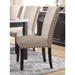 ACME Nolan Linen Upholstered Dining Chair Set Of 2, With Curved Backrest, And Wood Legs, For Restaurant, Cafe, Tavern, Office, Living Room - Oak