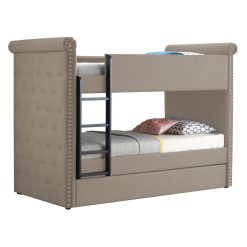 ACME Twin-Over-Twin Size Fabric Bunk Bed Frame With Trundle Bed, And Wooden Slats Support, No Spring Box Required (Frame Only) - Beige