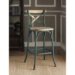 ACME Zaire Wood Dining Chair With X-shaped Backrest, And Metal Frame, For Restaurant, Cafe, Tavern, Office, Living Room - Blue + Oak
