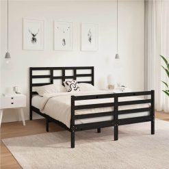Bed Frame Black Solid Wood 135x190 Cm 4FT6 Double