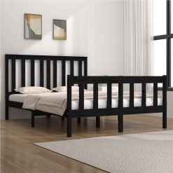Bed Frame Black Solid Wood Pine 135x190 Cm 4FT6 Double