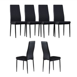 Diamond Grid Pattern Fire-retardant Leather Armless Chair Set Of 6, Sprayed Metal Pipe Legs For Kitchen, Living Room, Office, Bedroom - Black