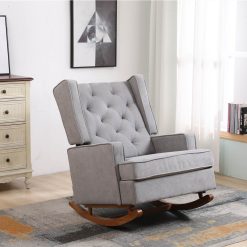 COOLMORE Linen Upholstered Rocking Chair With Rubber Wood Feet And High Backrest For Nursery, Living Room, Apartment - Light Grey