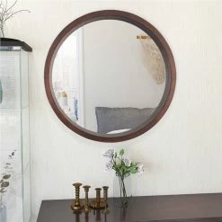 NEWTRAL Sales Shop 31 24" Round Wall-mounted Mirror With Wood Frame, For Bathroom, Bedroom, Entrance, Powder Room - Brown