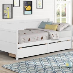 Twin Size Wooden Daybed Frame With 2 Storage Drawers And Wooden Slats Support, No Need For Spring Box, For Living Room, Bedroom, Office, Apartment - White
