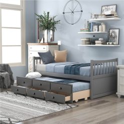 Twin Size Wooden Daybed Frame With Trundle Bed And 3 Storage Drawers, No Need For Spring Box, For Living Room, Bedroom, Office, Apartment - Gray