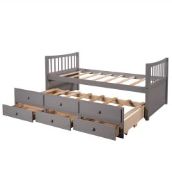 Twin Size Wooden Daybed Frame With Trundle Bed And 3 Storage Drawers, No Need For Spring Box, For Living Room, Bedroom, Office, Apartment - Gray -NEWTRAL Sales Shop Daybed with Trundle and Drawers Twin Size Gray Old SKU LP000041EAA LP000041AAE 459258 3