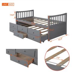 Twin Size Wooden Daybed Frame With Trundle Bed And 3 Storage Drawers, No Need For Spring Box, For Living Room, Bedroom, Office, Apartment - Gray -NEWTRAL Sales Shop Daybed with Trundle and Drawers Twin Size Gray Old SKU LP000041EAA LP000041AAE 459258 4