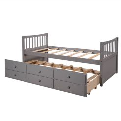 Twin Size Wooden Daybed Frame With Trundle Bed And 3 Storage Drawers, No Need For Spring Box, For Living Room, Bedroom, Office, Apartment - Gray -NEWTRAL Sales Shop Daybed with Trundle and Drawers Twin Size Gray Old SKU LP000041EAA LP000041AAE 459258 5