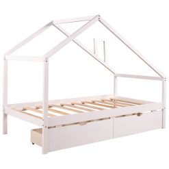 Twin-Size Daybed Frame With 2 Storage Drawers And Wooden Slats Support, No Box Spring Needed (Only Frame) - White -NEWTRAL Sales Shop Daybed with Two Pull out Drawers and Roof House Bed Frame for Kids Twin Size White Expected arrival time 7 20 463853 1