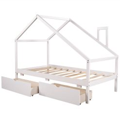 Twin-Size Daybed Frame With 2 Storage Drawers And Wooden Slats Support, No Box Spring Needed (Only Frame) - White -NEWTRAL Sales Shop Daybed with Two Pull out Drawers and Roof House Bed Frame for Kids Twin Size White Expected arrival time 7 20 463853 5