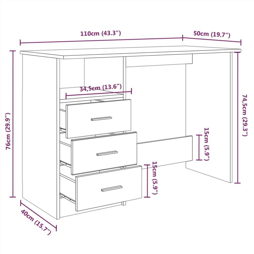 Desk With Drawers Brown Oak 110x50x76 Cm Engineered Wood 6 Desk With Drawers Brown Oak 110x50x76 Cm Engineered Wood - Image 6