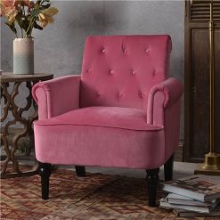 1-seat Velvet Button Tufted Sofa With Roll Arms And Wooden Legs For Living Room, Bedroom, Office, Hotel, Bar - Rose