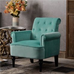 1-seat Velvet Button Tufted Sofa With Roll Arms And Wooden Legs For Living Room, Bedroom, Office, Hotel, Bar - Teal -NEWTRAL Sales Shop Elegant Button Tufted Accent Armchairs Roll Arm Living Room Cushion with Wooden Legs Teal Velvet 457646 4