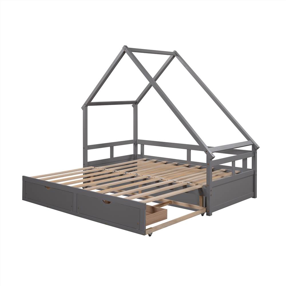 Twin Size Wooden Extending Daybed with 2 Storage Drawers, Space-saving Design, No Box Spring Needed - Gray Twin Size Wooden Extending Daybed With 2 Storage Drawers, Space-saving Design, No Box Spring Needed - Gray -NEWTRAL Sales Shop Extending Daybed with Two Drawers Wooden House Bed with Drawers Gray 460968 0