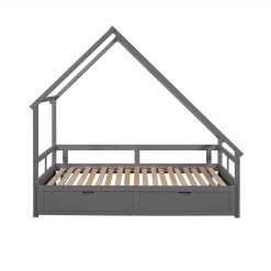 Twin Size Wooden Extending Daybed With 2 Storage Drawers, Space-saving Design, No Box Spring Needed - Gray 3 Twin Size Wooden Extending Daybed With 2 Storage Drawers, Space-saving Design, No Box Spring Needed - Gray -NEWTRAL Sales Shop Extending Daybed with Two Drawers Wooden House Bed with Drawers Gray 460968 2