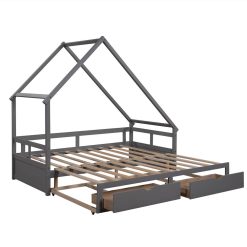 Twin Size Wooden Extending Daybed With 2 Storage Drawers, Space-saving Design, No Box Spring Needed - Gray 4 Twin Size Wooden Extending Daybed With 2 Storage Drawers, Space-saving Design, No Box Spring Needed - Gray -NEWTRAL Sales Shop Extending Daybed with Two Drawers Wooden House Bed with Drawers Gray 460968 3