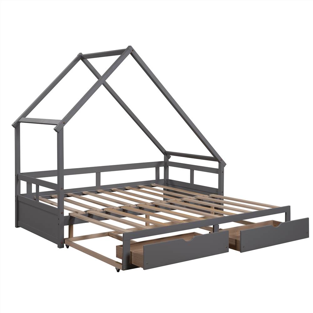 Twin Size Wooden Extending Daybed with 2 Storage Drawers, Space-saving Design, No Box Spring Needed - Gray Twin Size Wooden Extending Daybed With 2 Storage Drawers, Space-saving Design, No Box Spring Needed - Gray -NEWTRAL Sales Shop Extending Daybed with Two Drawers Wooden House Bed with Drawers Gray 460968 3