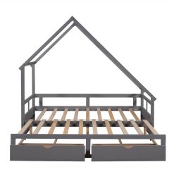 Twin Size Wooden Extending Daybed With 2 Storage Drawers, Space-saving Design, No Box Spring Needed - Gray 5 Twin Size Wooden Extending Daybed With 2 Storage Drawers, Space-saving Design, No Box Spring Needed - Gray -NEWTRAL Sales Shop Extending Daybed with Two Drawers Wooden House Bed with Drawers Gray 460968 4