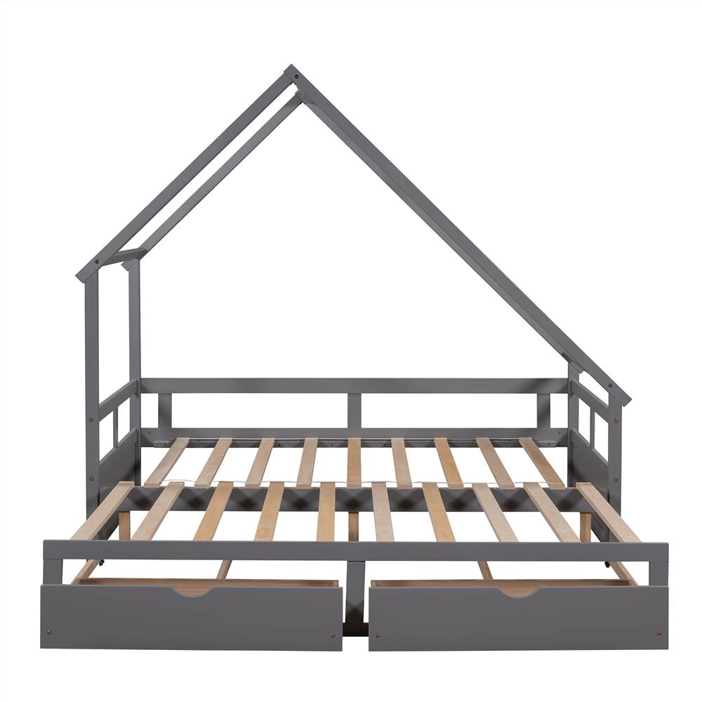 Twin Size Wooden Extending Daybed with 2 Storage Drawers, Space-saving Design, No Box Spring Needed - Gray Twin Size Wooden Extending Daybed With 2 Storage Drawers, Space-saving Design, No Box Spring Needed - Gray -NEWTRAL Sales Shop Extending Daybed with Two Drawers Wooden House Bed with Drawers Gray 460968 4